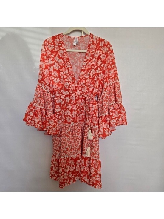 Cosita Linda Dresses & Skirts - COSITA LINDA FULL WRAP DRESS BEACHWEAR ORANGE WHITE RUFFLES FLOWY BOHO SZ MEDIUM